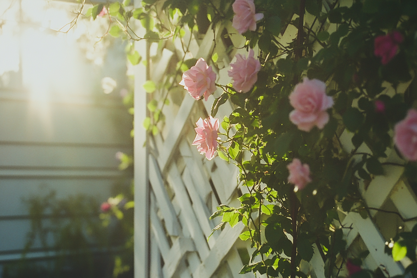 Pink roses growing on a trellis | Source: Midjourney