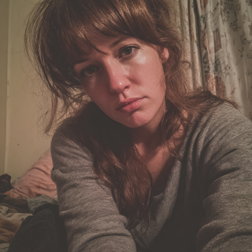 A close-up of an emotional woman sitting on a bed | Source: Midjourney