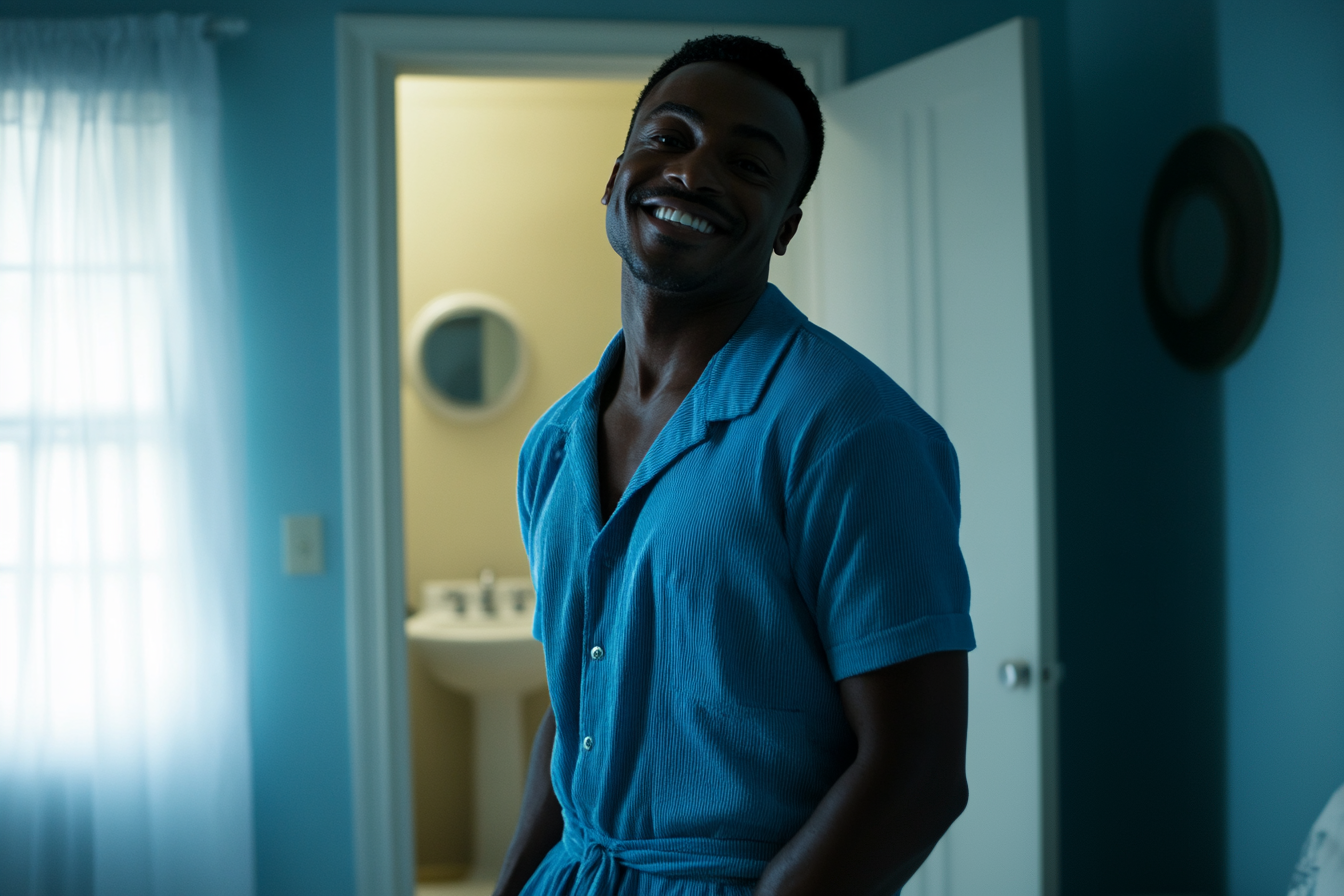 A man in blue pajamas standing in a room in front of a bathroom doorway | Source: Midjourney