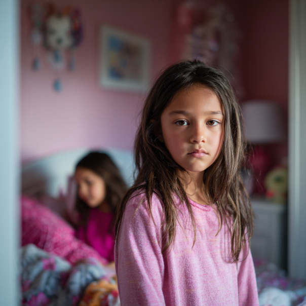 A sad girl stares at the camera, another girl is in the background | Source: Midjourney