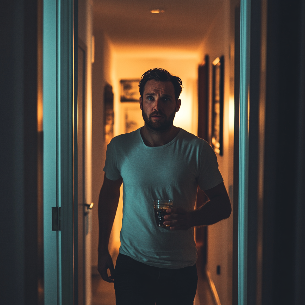 A shocked man in a corridor | Source: Midjourney