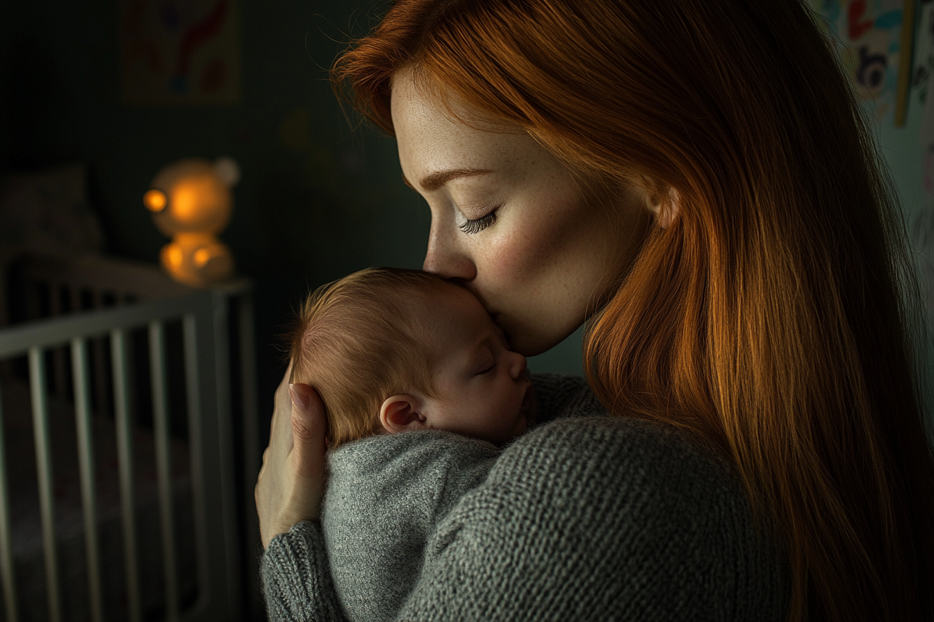 Woman kissing a baby’s head in a nursery | Source: Midjourney