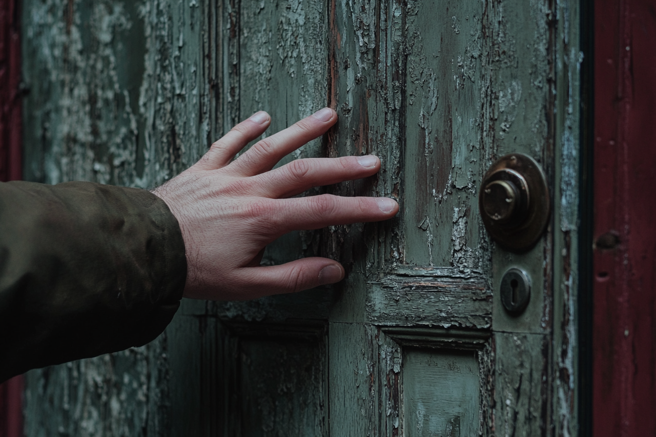 A man's hand pressing against a weathered front door | Source: Midjourney