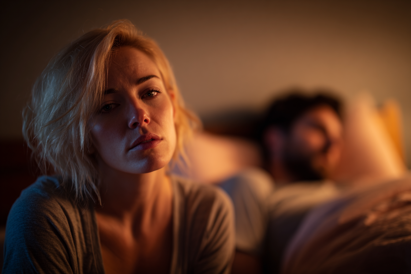 Uma mulher cansada sentada na cama enquanto o marido dorme | Fonte: Midjourney