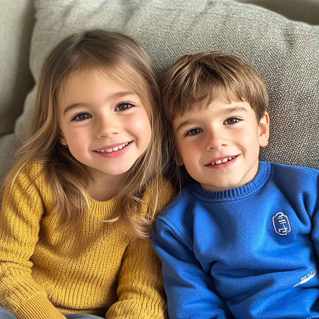 Smiling children sitting in a living room | Source: Midjourney