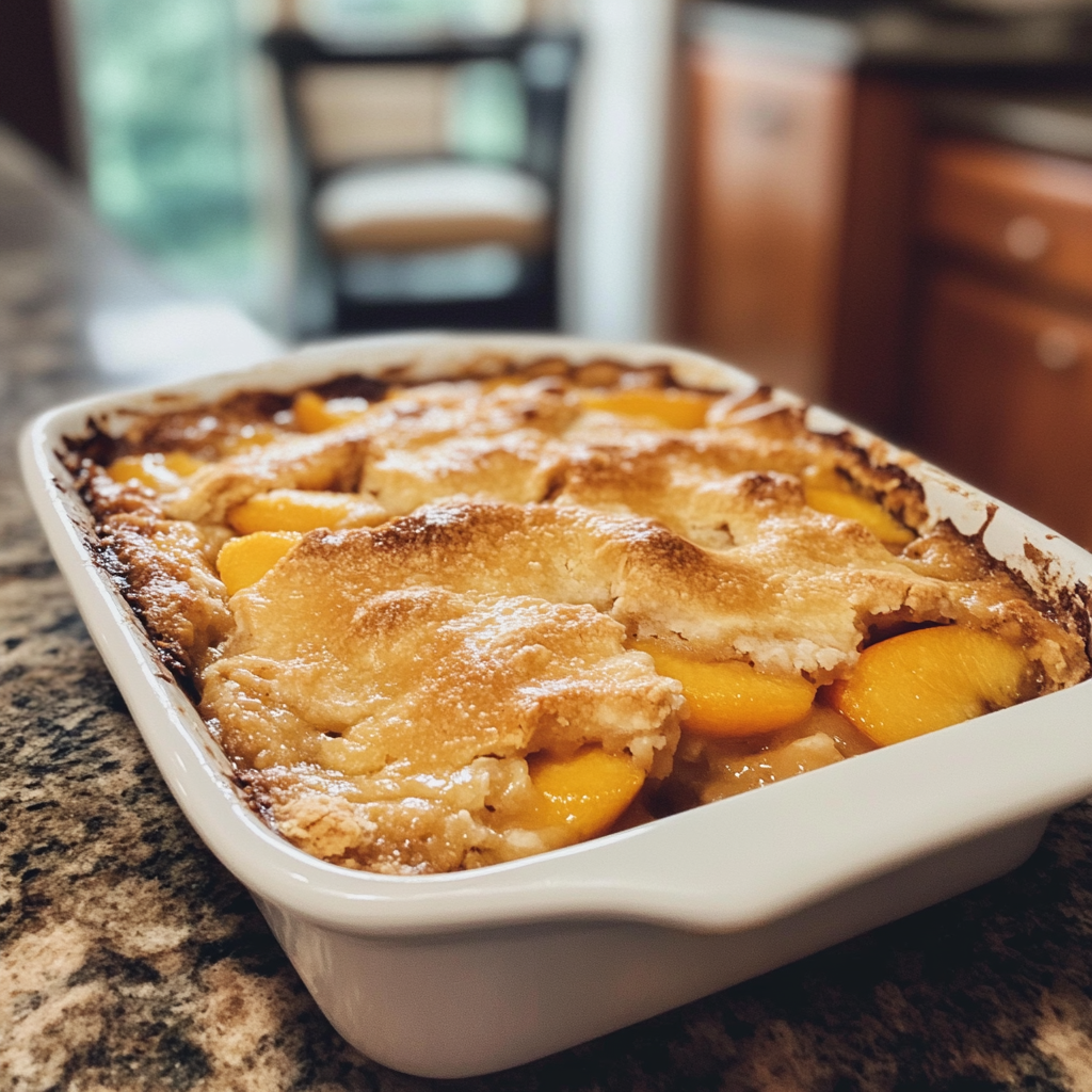 A peach cobbler on a countertop | Source: Midjourney