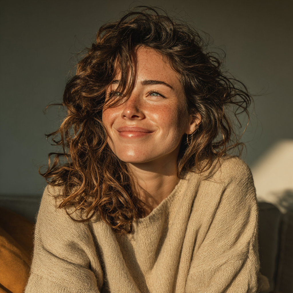 A happy and content woman at home | Source: Midjourney