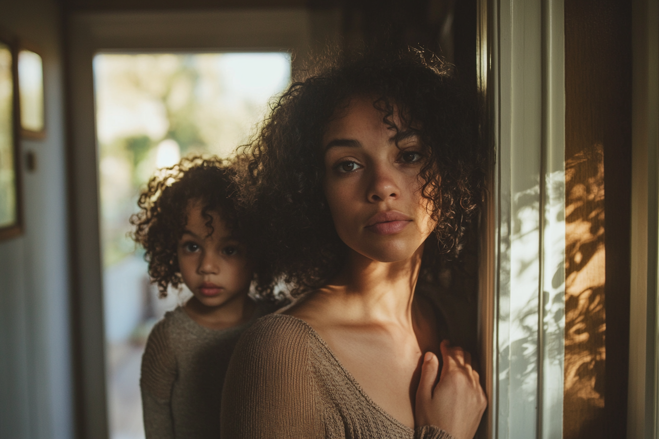 A woman leaning against a wall while her daughter stands on something behind her | Source: Midjourney