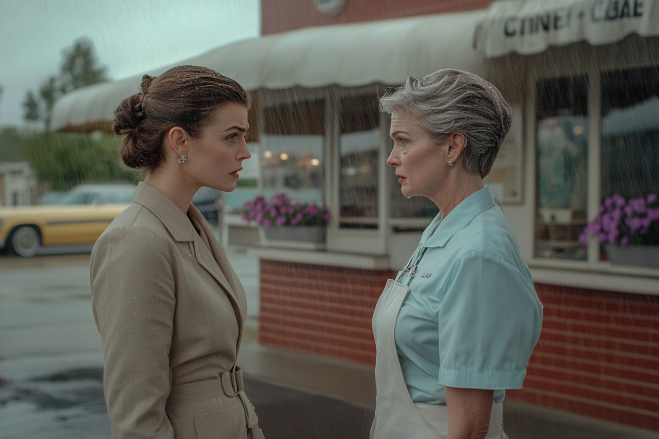 Woman in her 30s talking to a woman in her 50s in a rainy parking lot outside a red-bricked café | Source: Midjourney