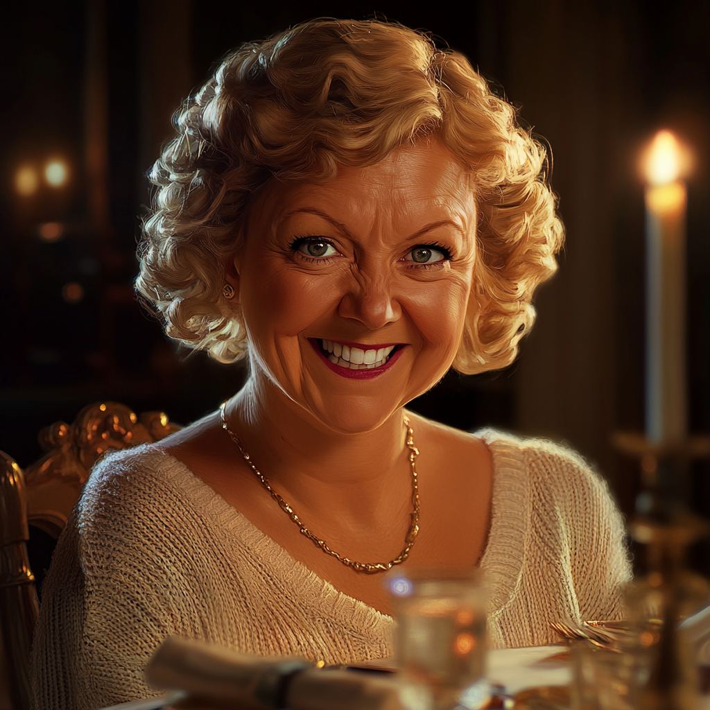 A smiling older woman seated in a dining room | Source: Midjourney