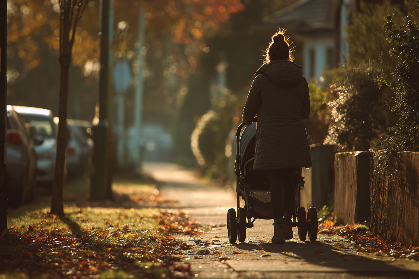 A woman walking on a sidewalk | Source: Midjourney