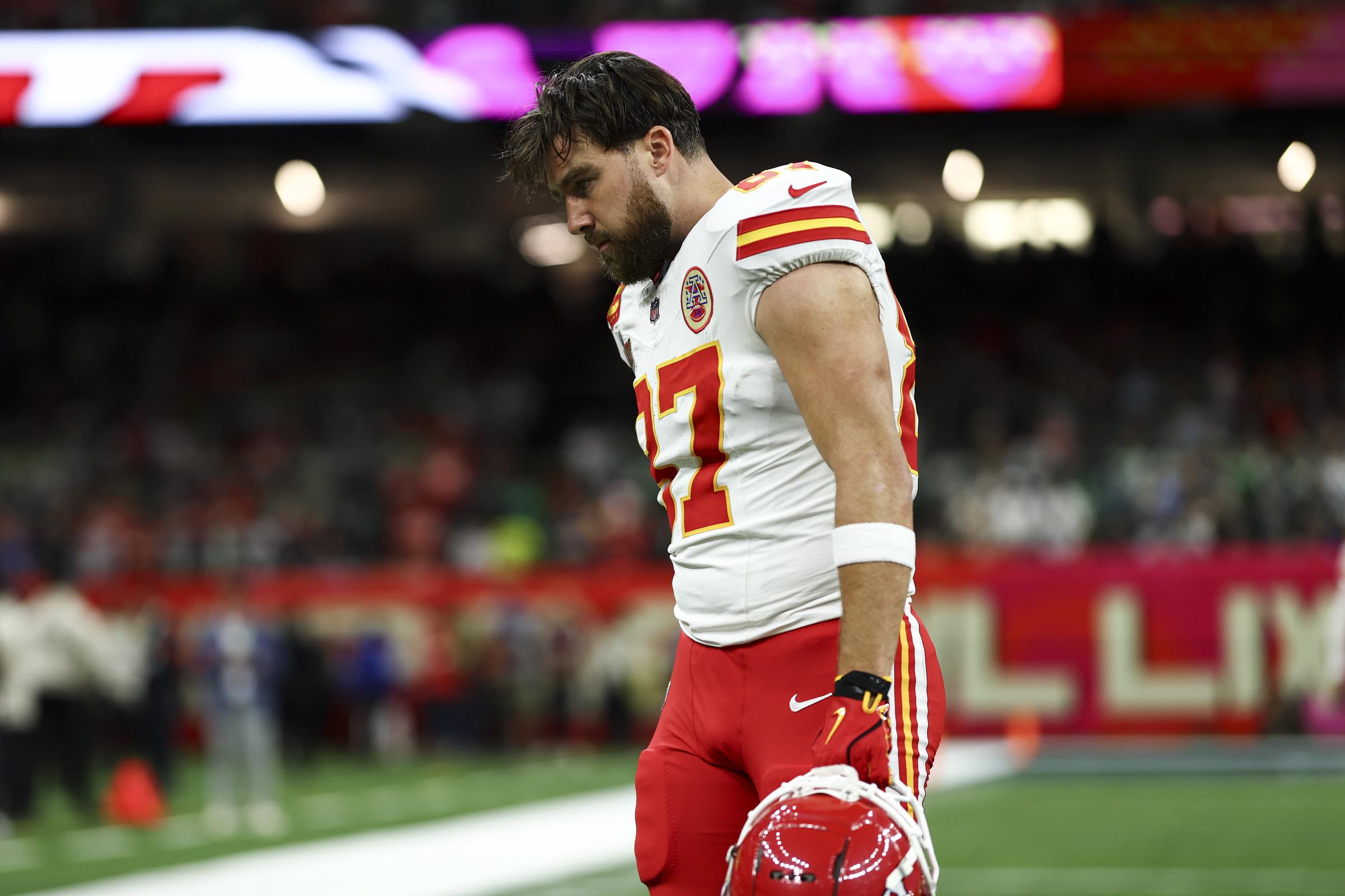 Travis Kelce walking across the field at the Super Bowl. | Source: Getty Images