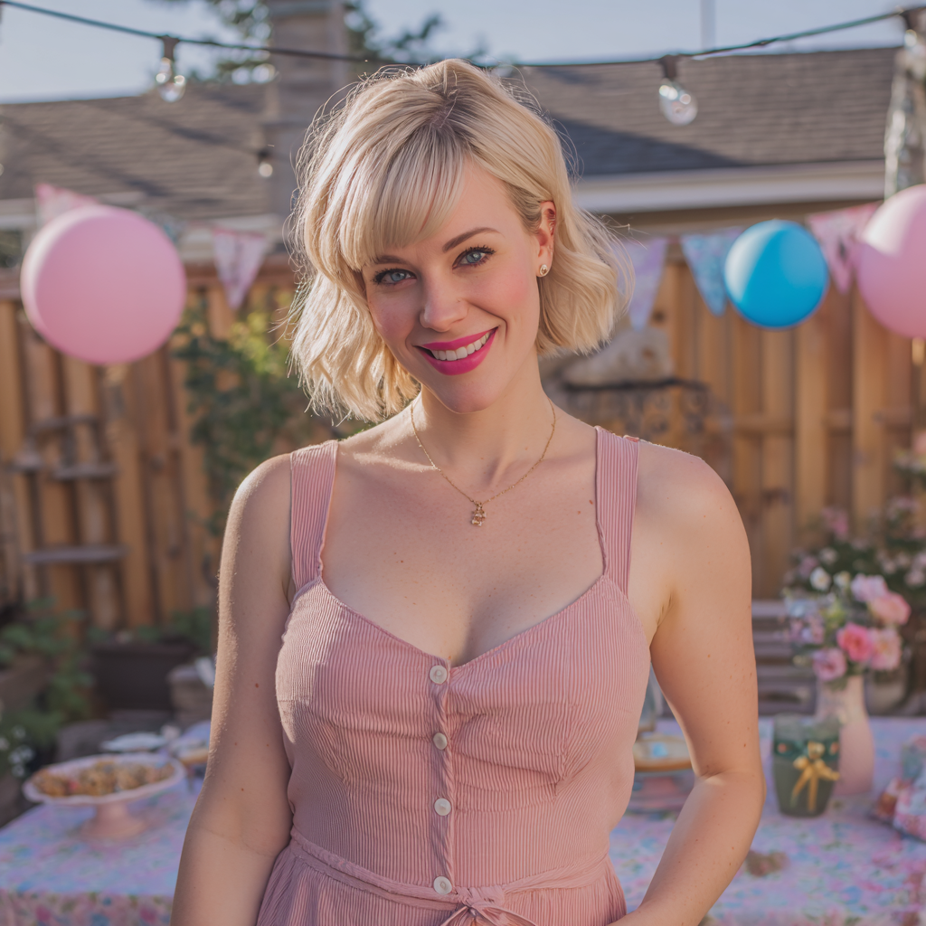 A smiling woman wearing a pink dress | Source: Midjourney