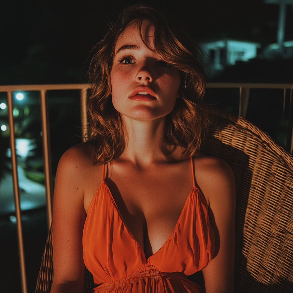 An upset woman sitting on a balcony at night | Source: Midjourney