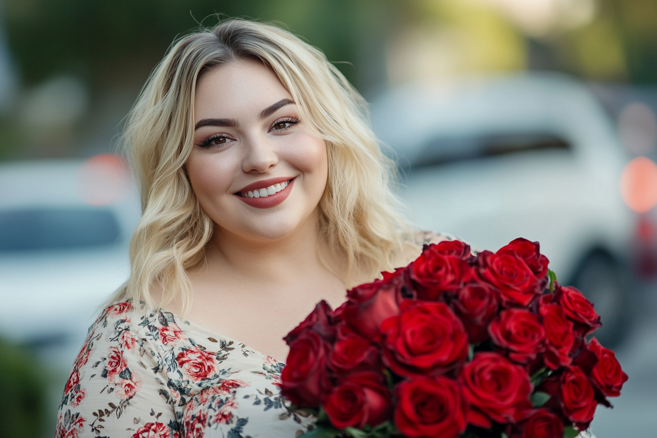 A woman holding a bouquet smiling at someone | Source: Midjourney