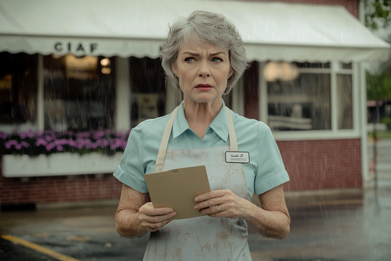 Woman in her 50s wearing a waitress uniform holding a manila envelope and looking shocked while standing outside a red-bricked café in the rain | Source: Midjourney