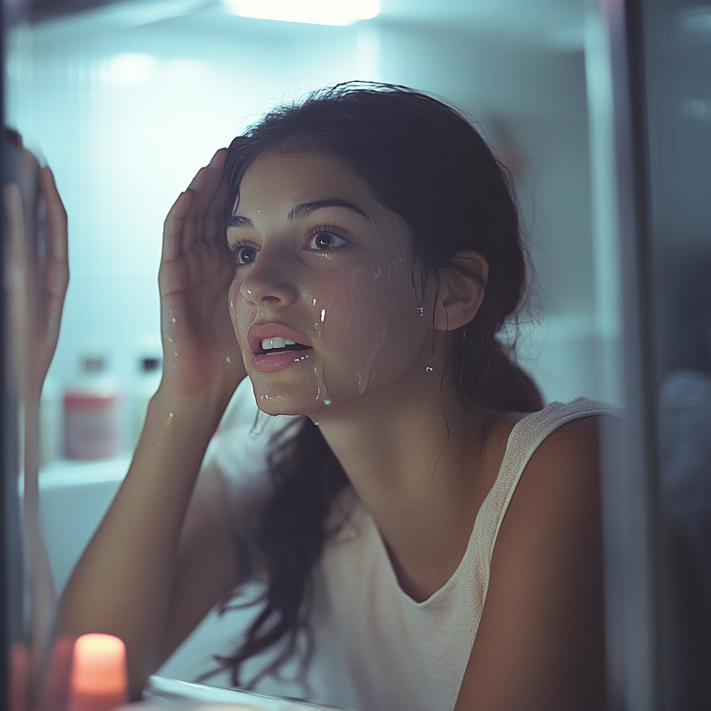 An upset woman in the bathroom | Source: Midjourney