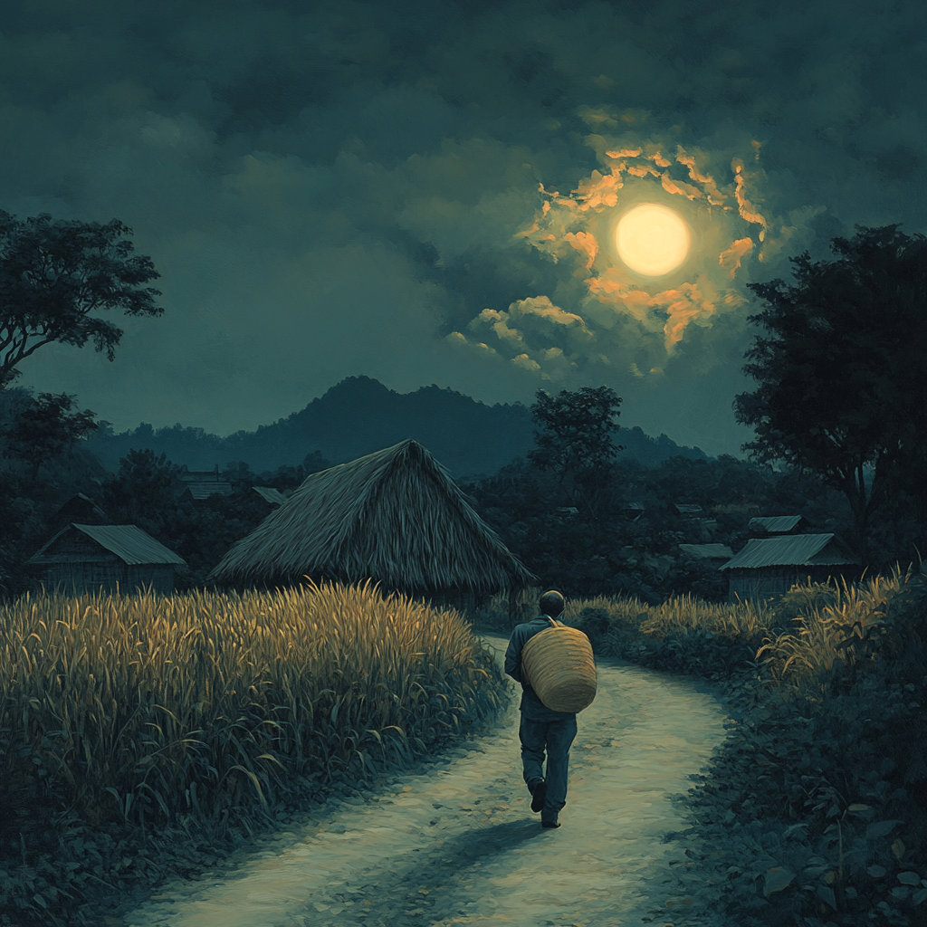 A man carrying a sack of grains at night | Source: Midjourney