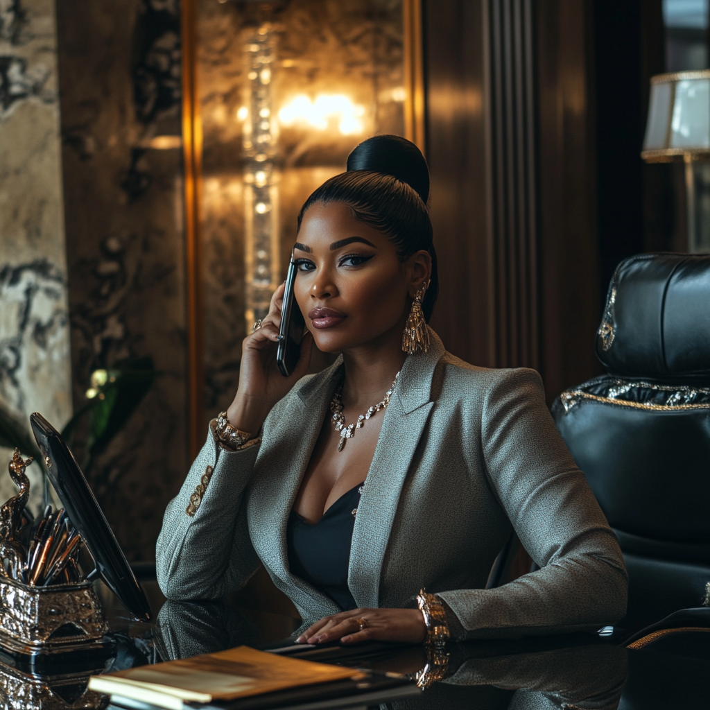 Serious wealthy woman in her office, talking on the phone | Source: Midjourney