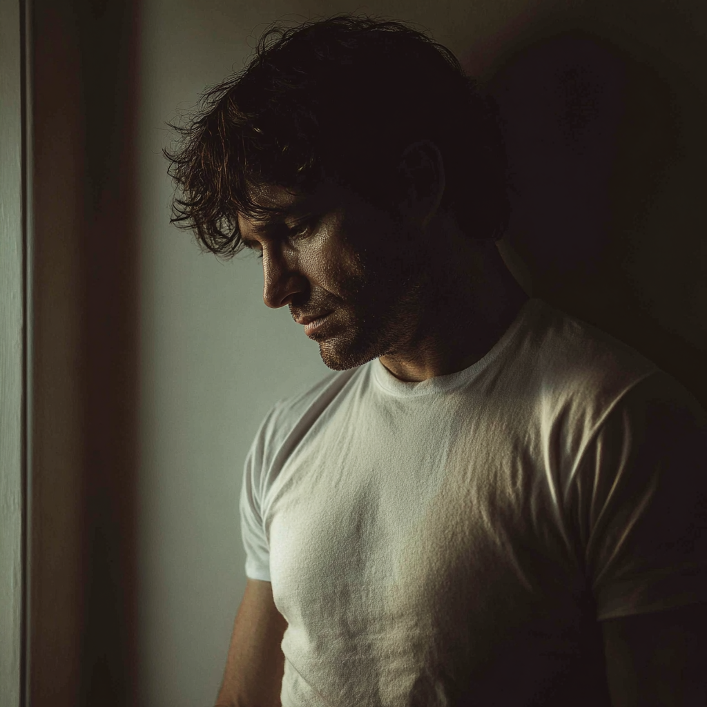 An upset man standing in a hallway wearing a white t-shirt | Source: Midjourney