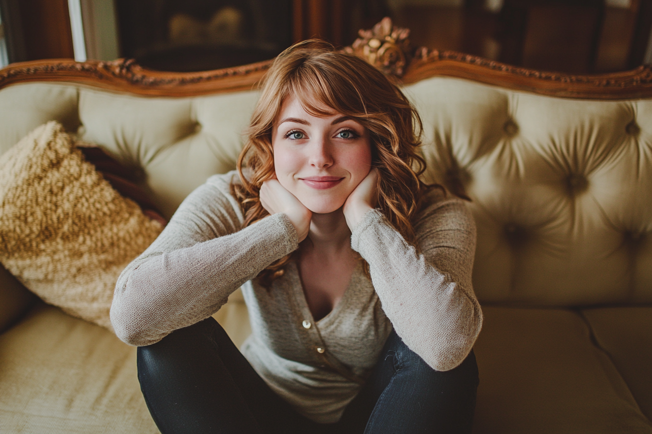 A content woman sitting on a sofa | Source: Midjourney