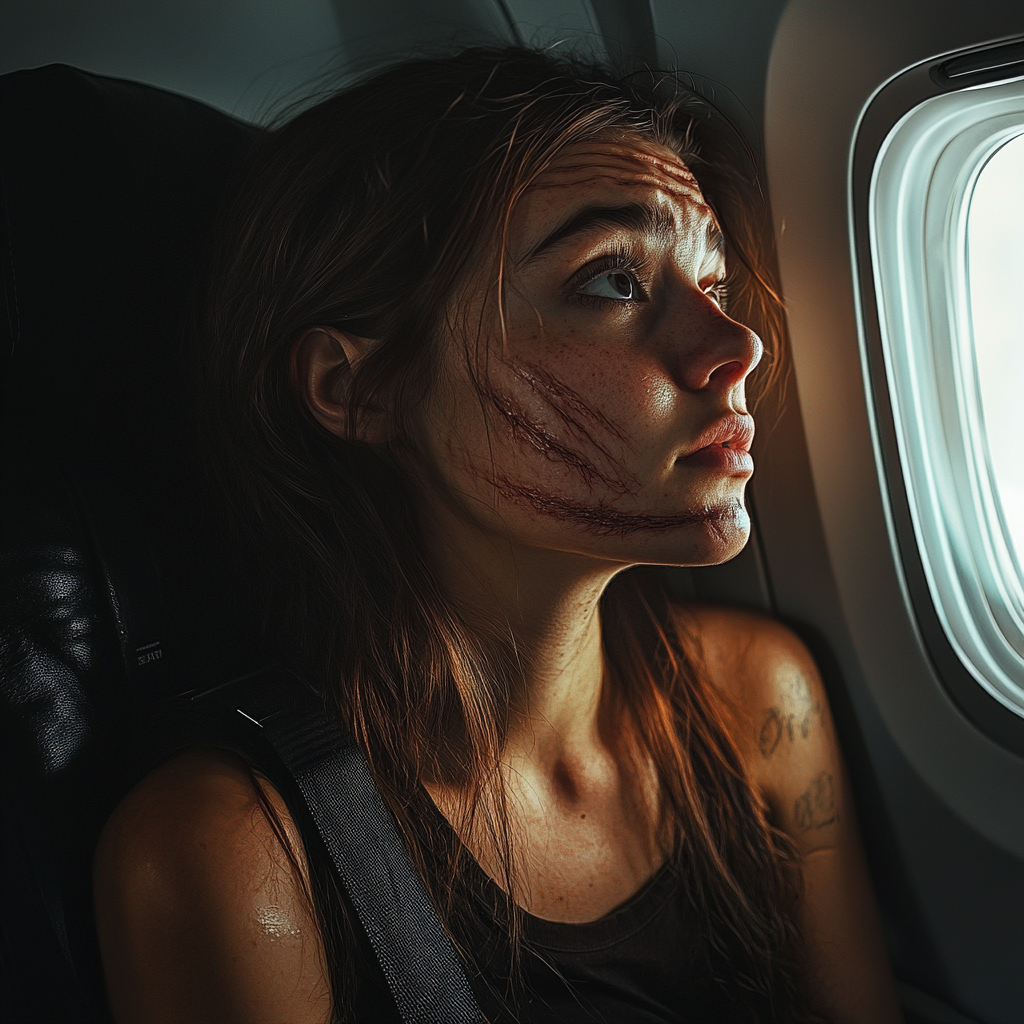 An unsure woman on a plane | Source: Midjourney