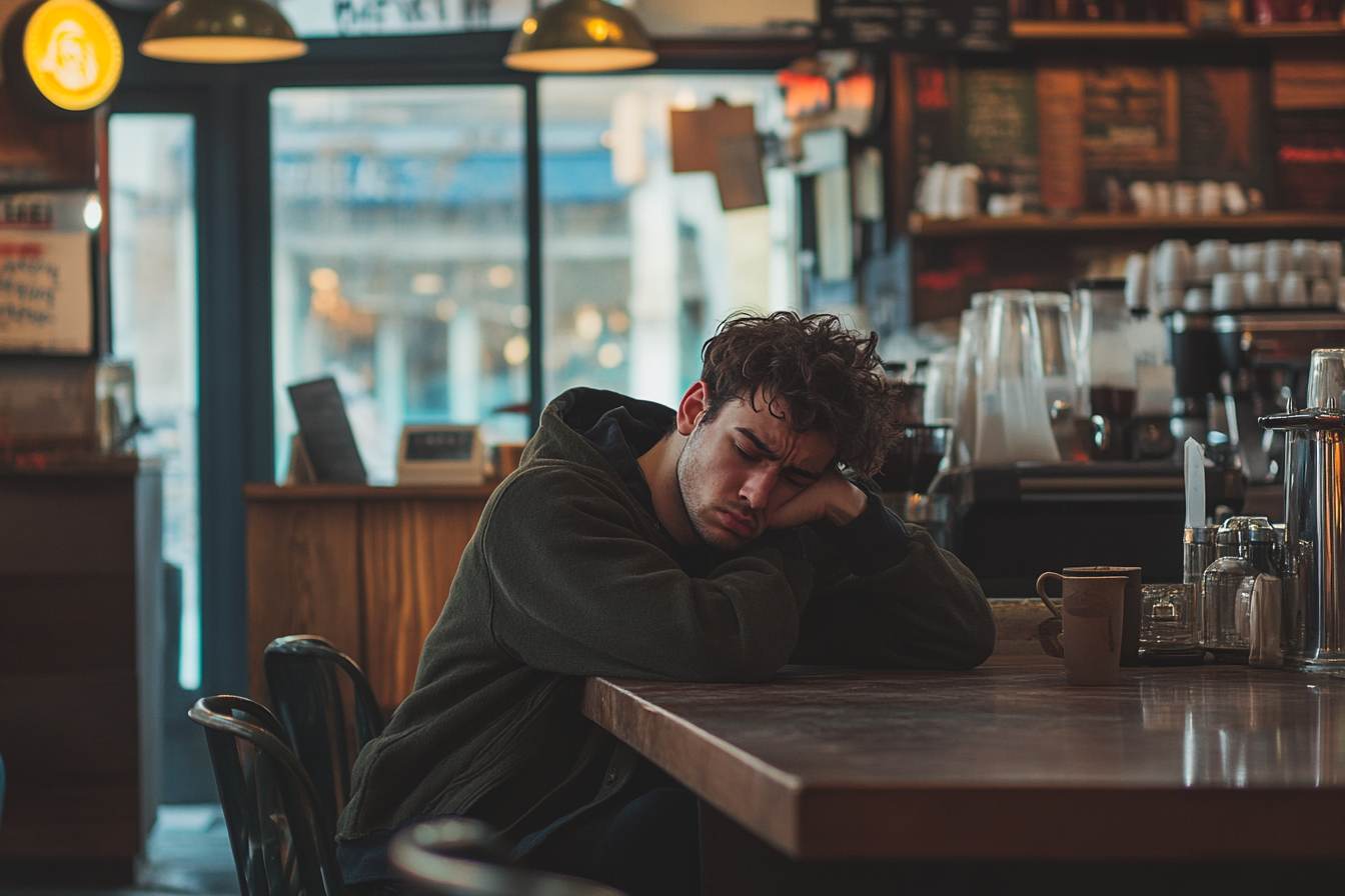 Sad man sleeping in a coffee shop | Source: Midjourney