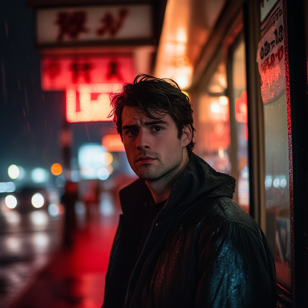 A concerned young man standing in the rain | Source: Midjourney