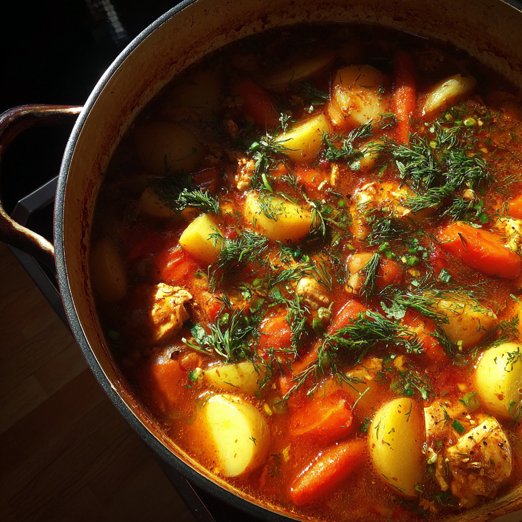 A pot of chicken and vegetable stew | Source: Midjourney