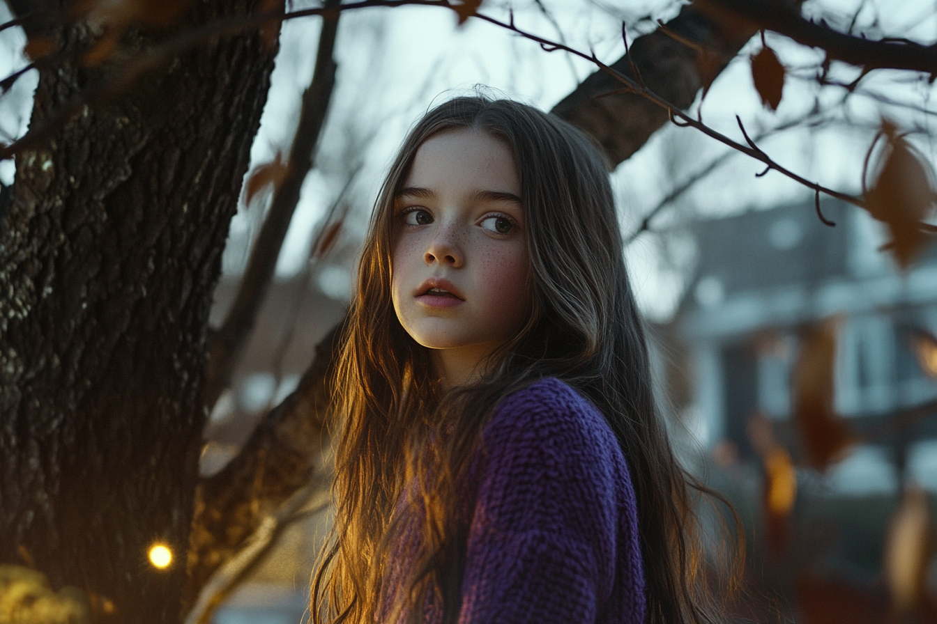 A girl in a purple sweater | Source: Midjourney