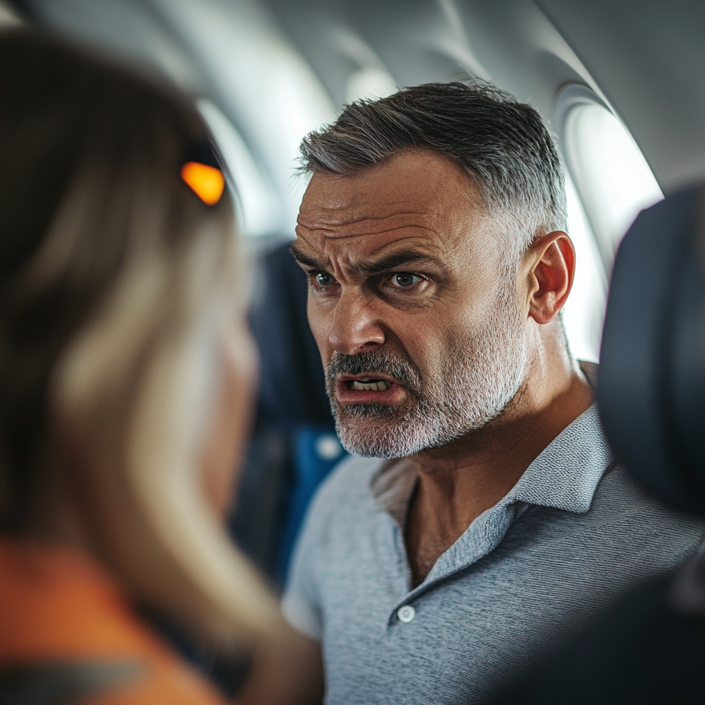 An angry middle-aged man talking to a flight attendant on a plane | Source: Midjourney