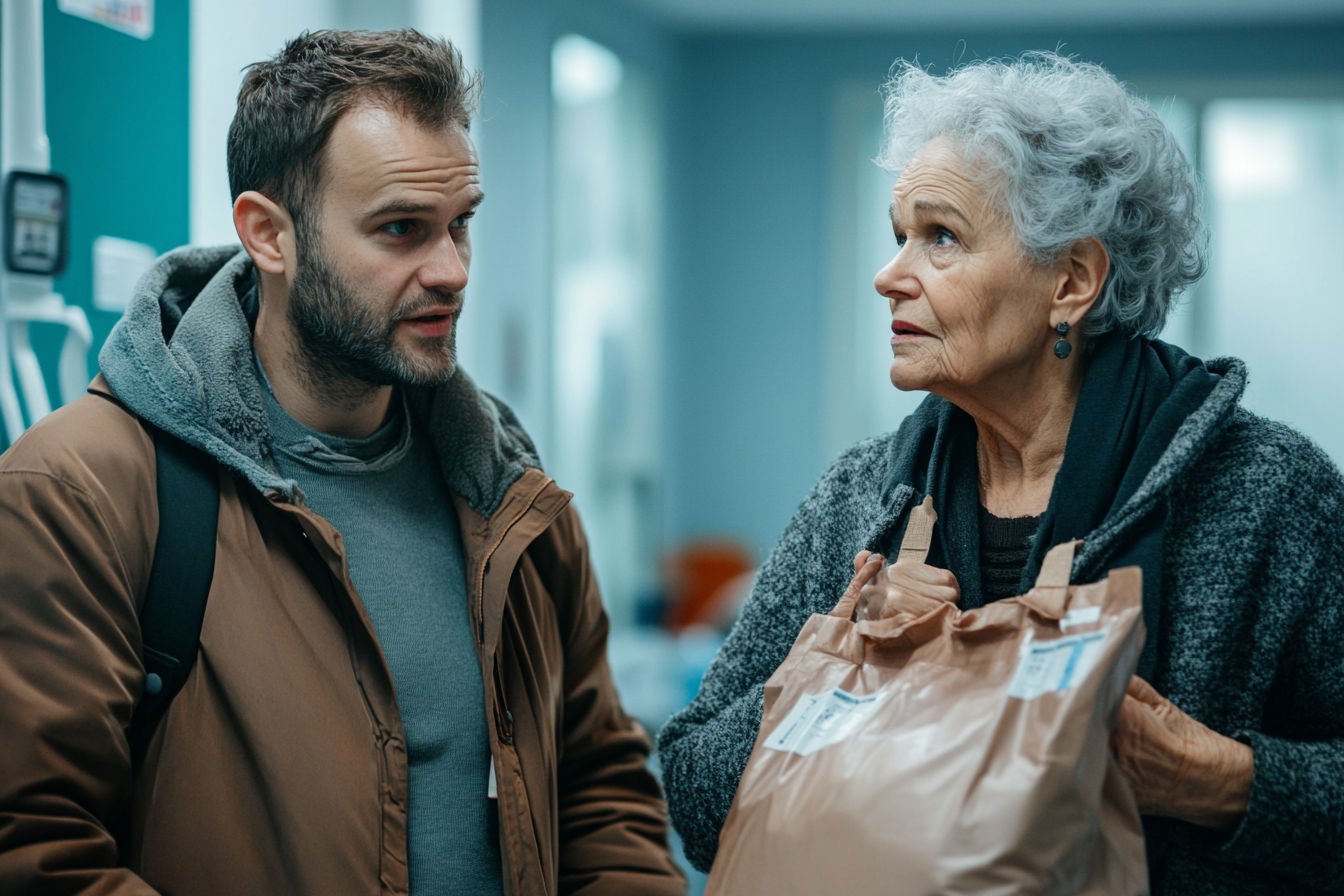 A man speaking to a woman holding a bag | Source: Midjourney