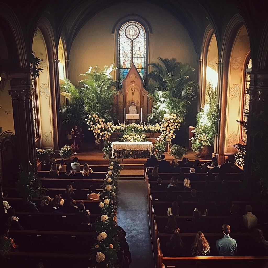 A funeral scene at a church | Source: Midjourney