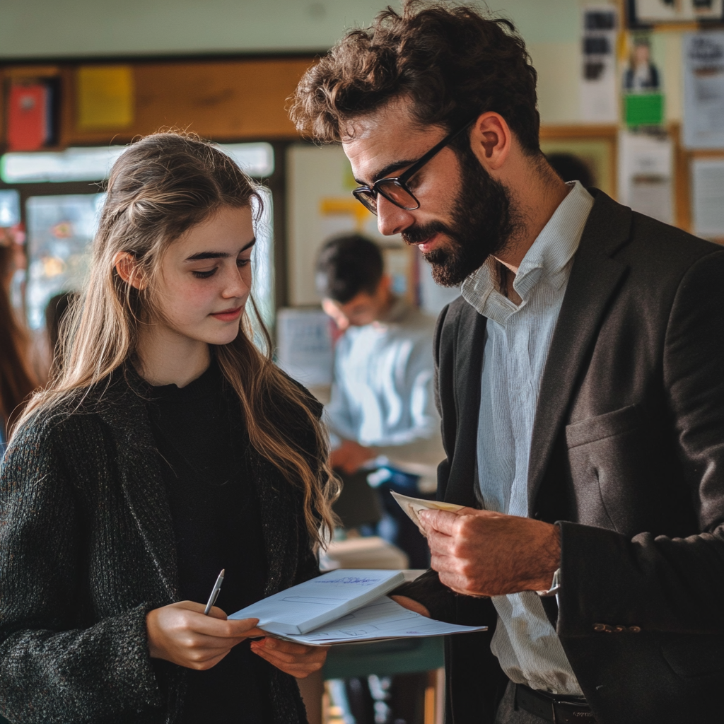 Une élève remet son devoir à son professeur | Source : Midjourney