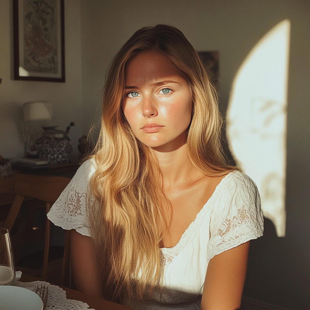 A young woman sitting at a table | Source: Midjourney