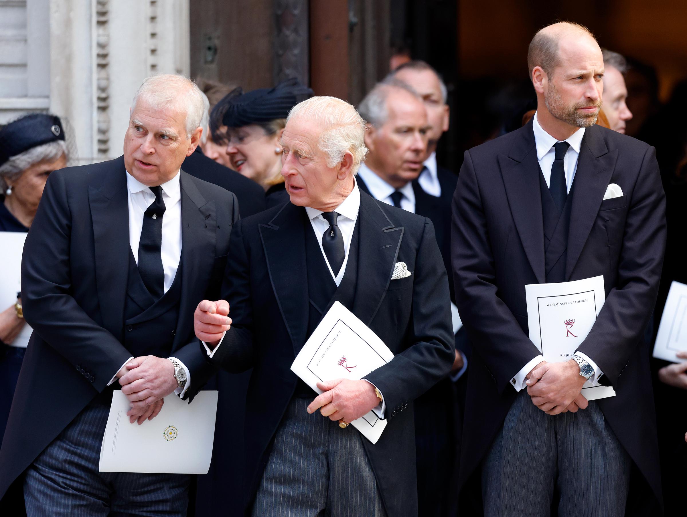 Prince Andrew, Duke of York, King Charles III and Prince William, Prince of Wales attend Katharine, Duchess of Kent's Requiem Mass service at Westminster Cathedral on September 16, 2025 in London, England. | Source: Getty Images