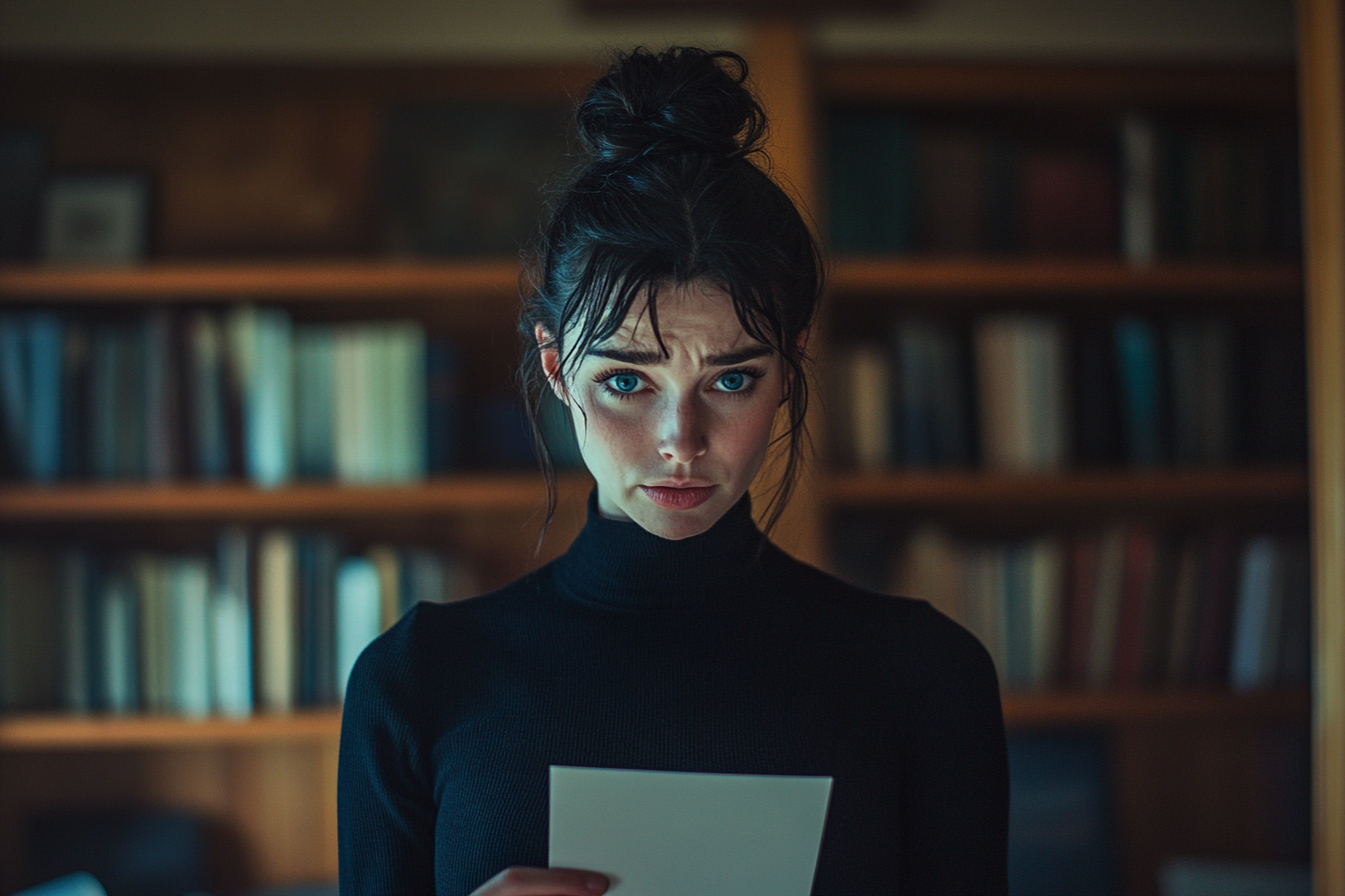 Woman crying while holding a white envelope | Source: Midjourney