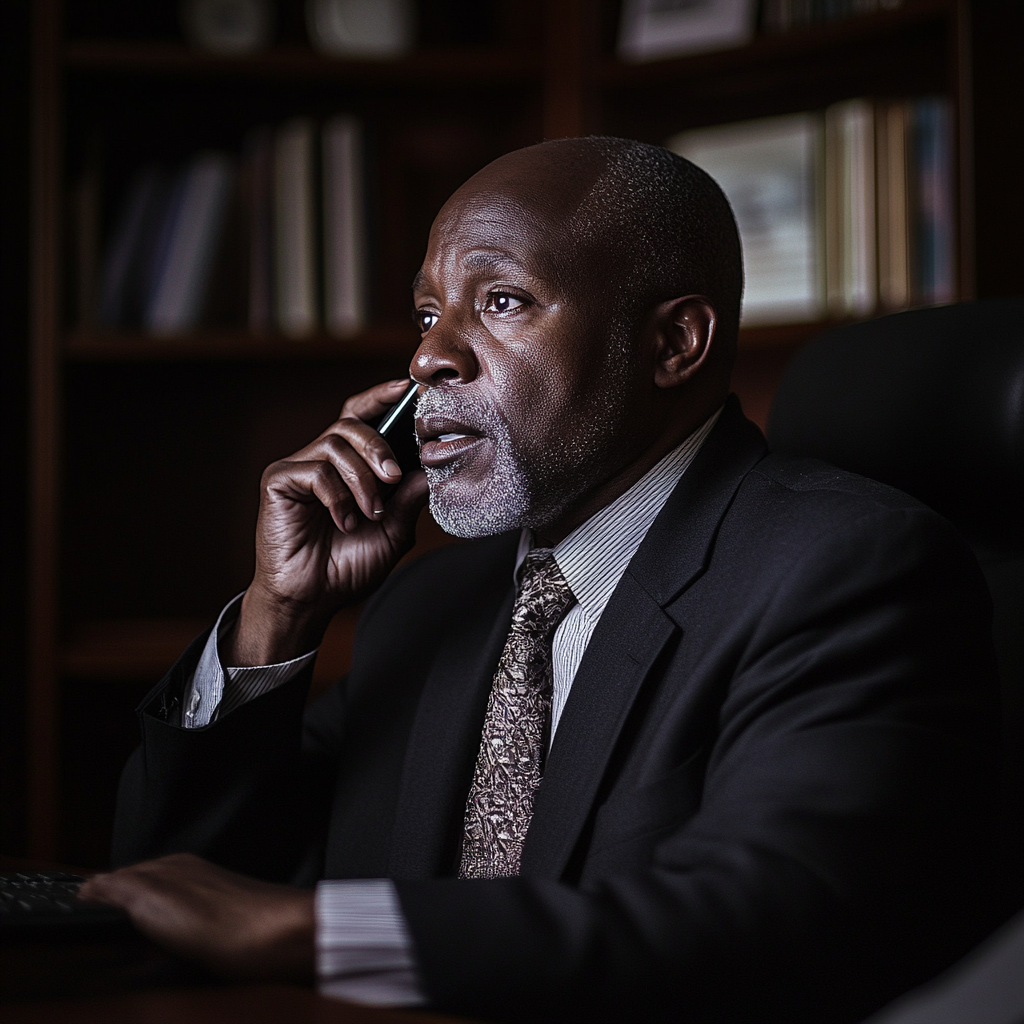 A lawyer talking on his phone in his office | Source: Midjourney