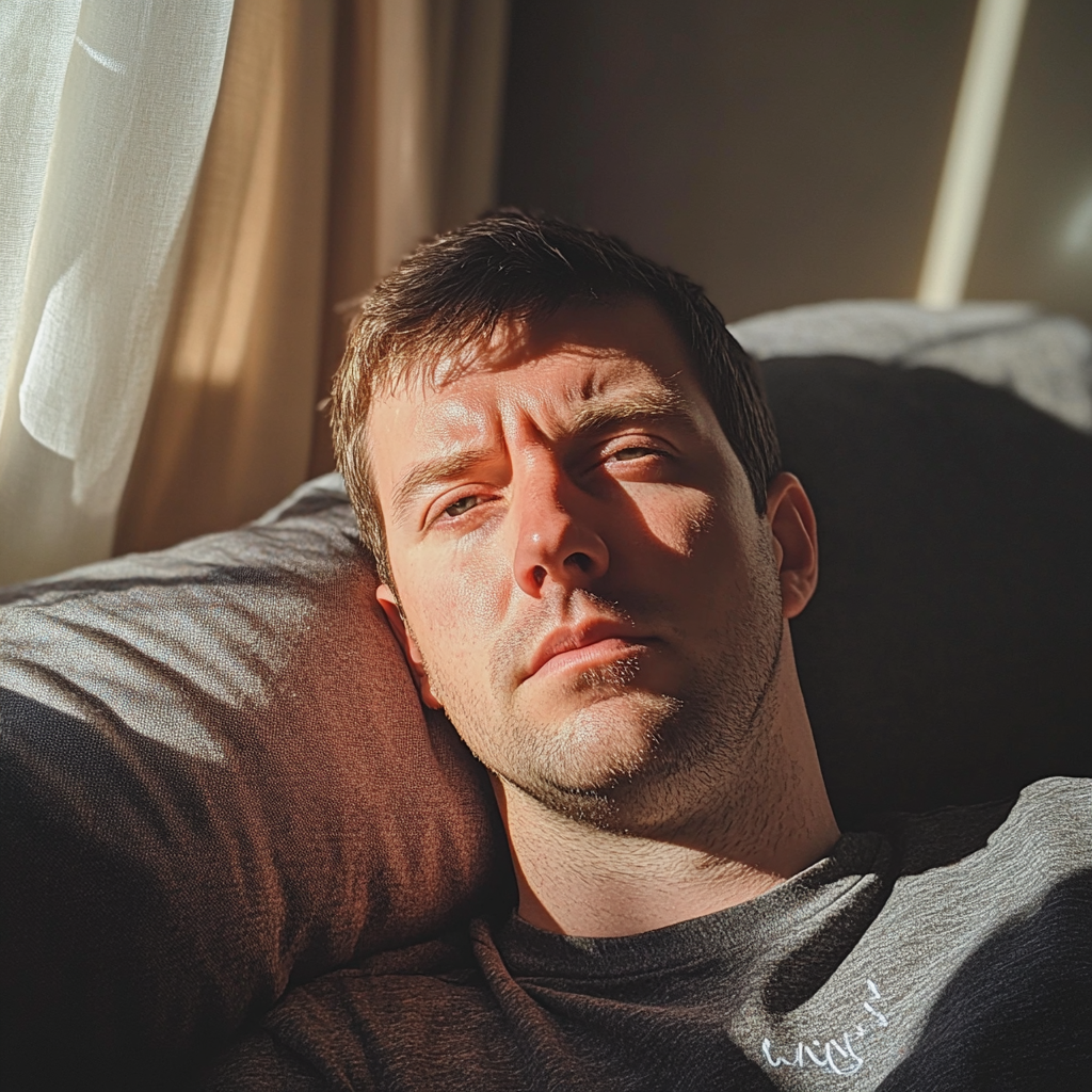 An exhausted man laying on a couch | Source: Midjourney