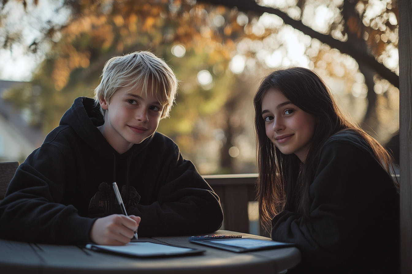 A blonde teenage boy and a teenage girl smile at a porch table | Source: Midjourney