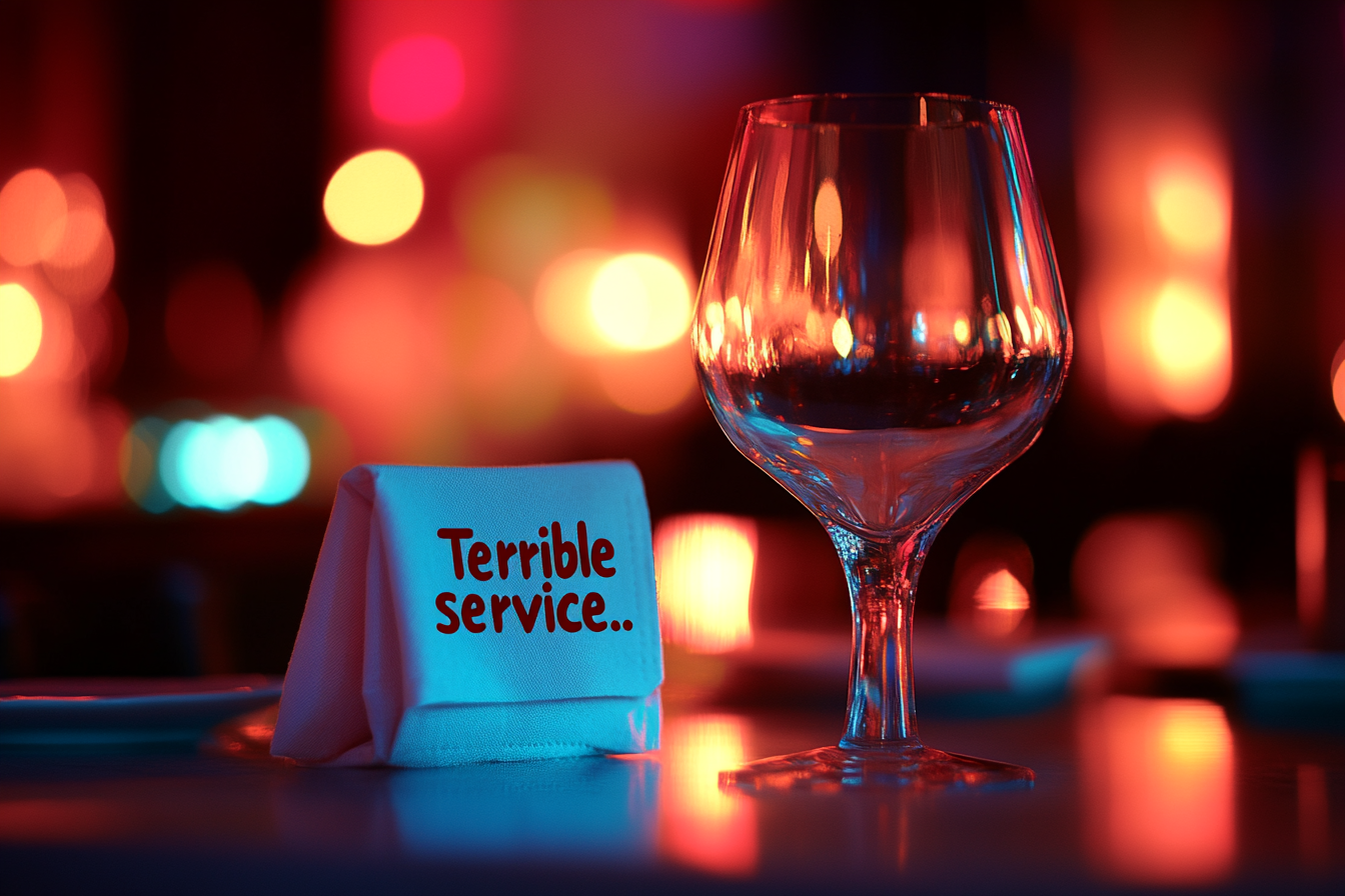 Napkin on a restaurant table that says "terrible service" | Source: Midjourney