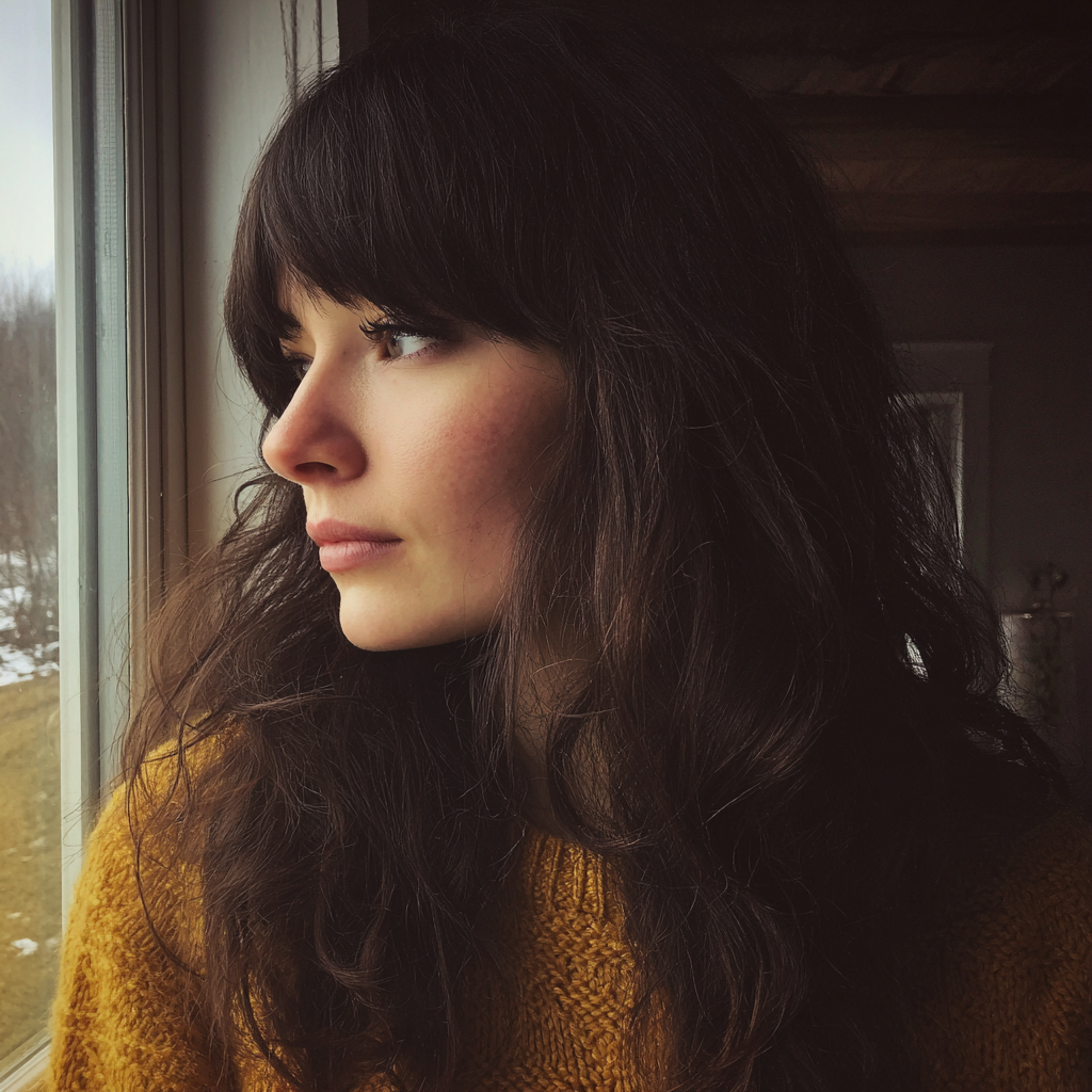 A pensive woman looking out a window | Source: Midjourney