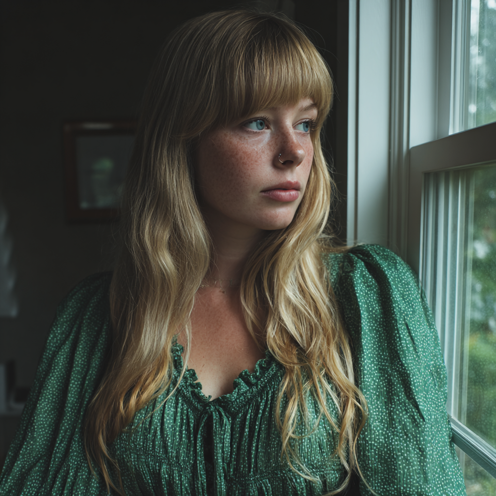 A pensive woman standing by a window | Source: Midjourney