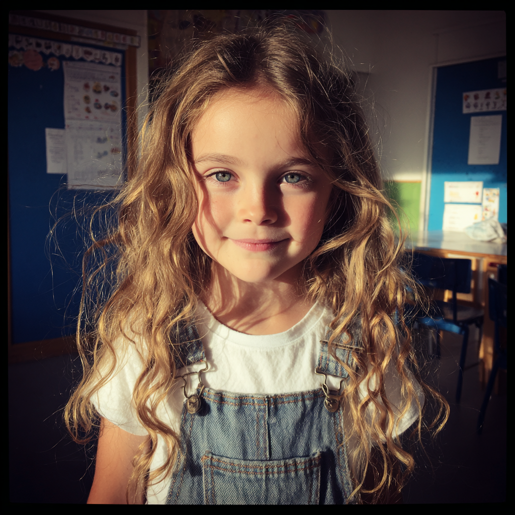 A smiling little girl wearing dungarees | Source: Midjourney