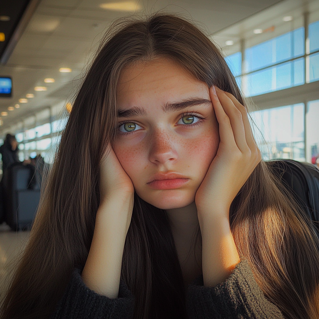 An upset girl sitting at an airport | Source: Midjourney