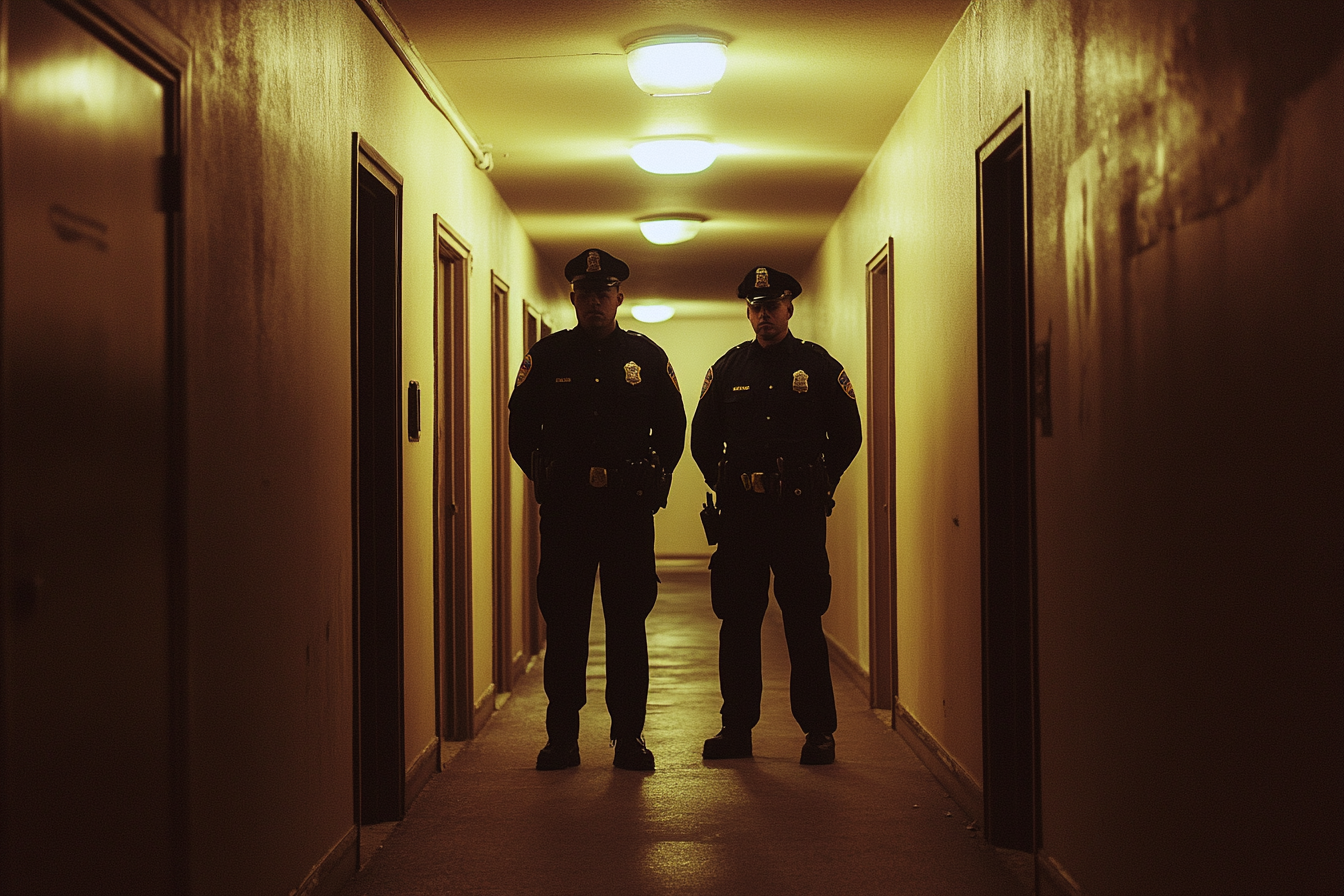 Des policiers dans le couloir d'un appartement | Source : Midjourney