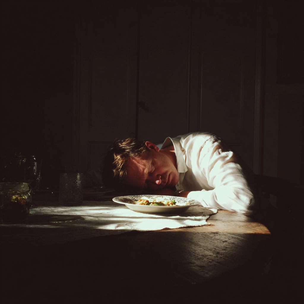 A man slumped on a dining table | Source: Midjourney