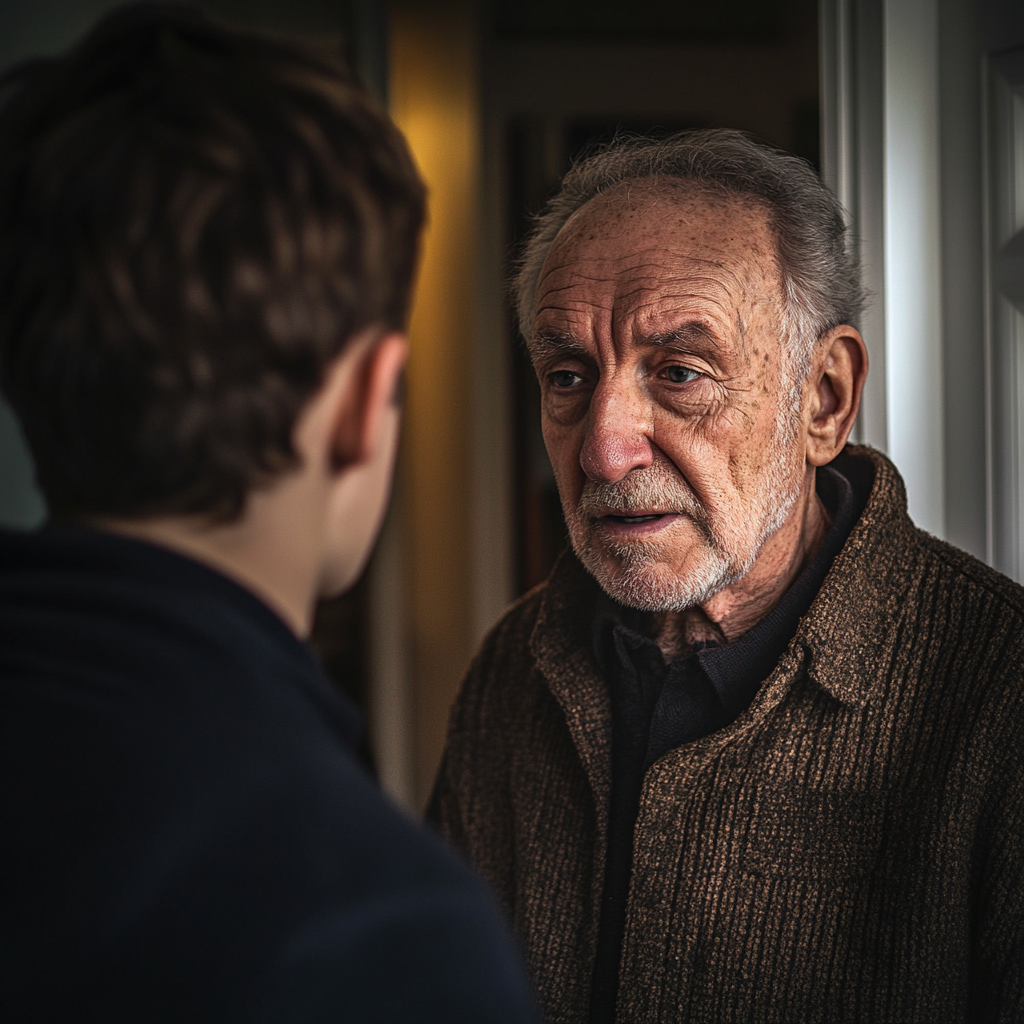 Embarrassed senior man confronted by a young man. | Source: Midjourney