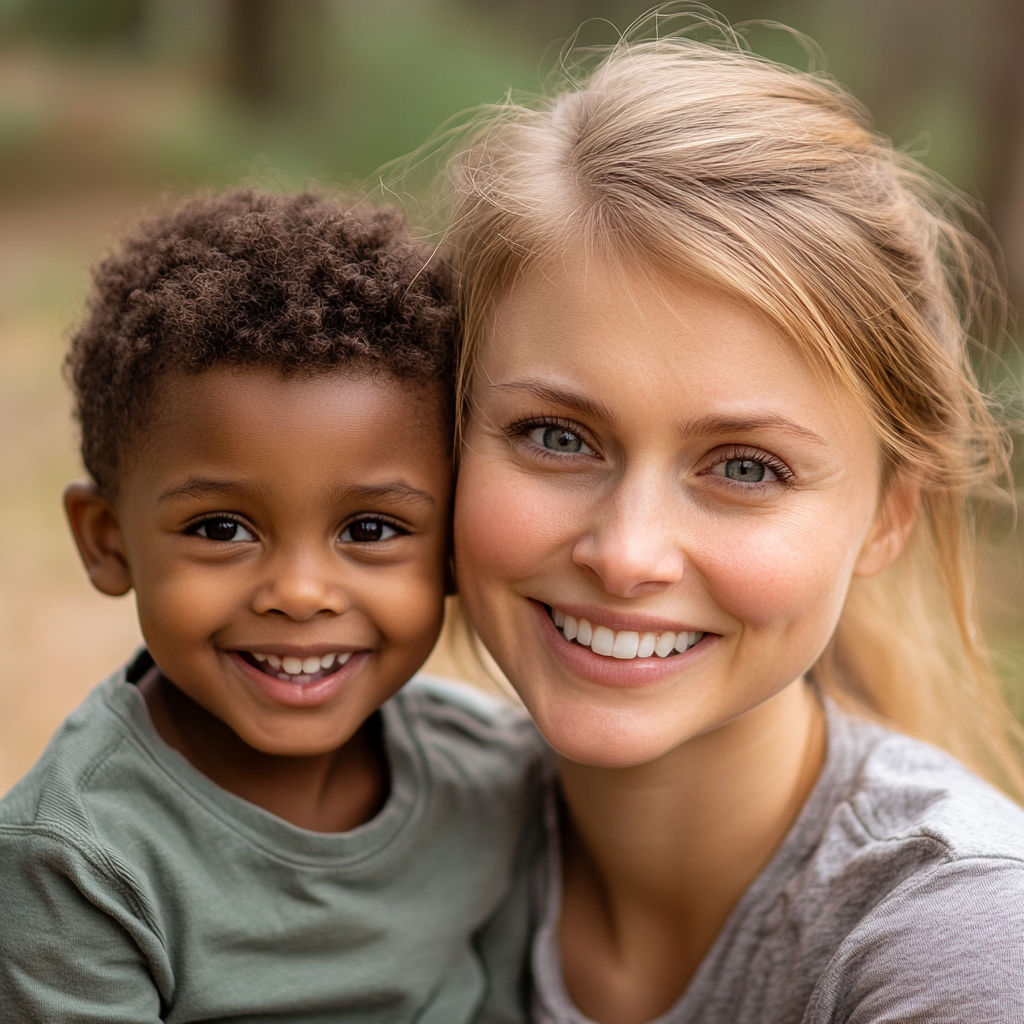 A woman and a little boy smile while hanging outdoors | Source: Midjourney