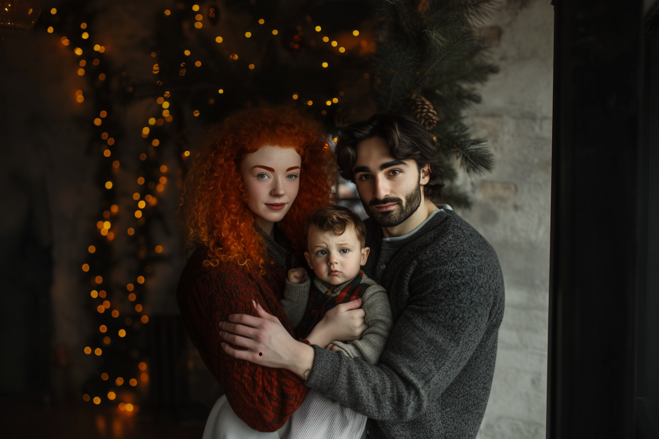 A family posing in front of a Christmas tree | Source: Midjourney